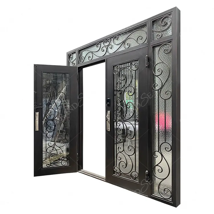 Security Rod Front Entrance Modern Home Glass High Quality Iron Wrought Doors With Sidelight