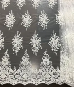 Bordado de noiva branco, lantejoulas bordados de renda para vestido de noiva ou festa, tecido frisado máquina