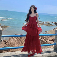 Robe longue à volants pour femme, élégante, à fines bretelles, en mousseline rouge, idéale pour l'été, la plage et les vacances – Vente en gros usine, personnalisable