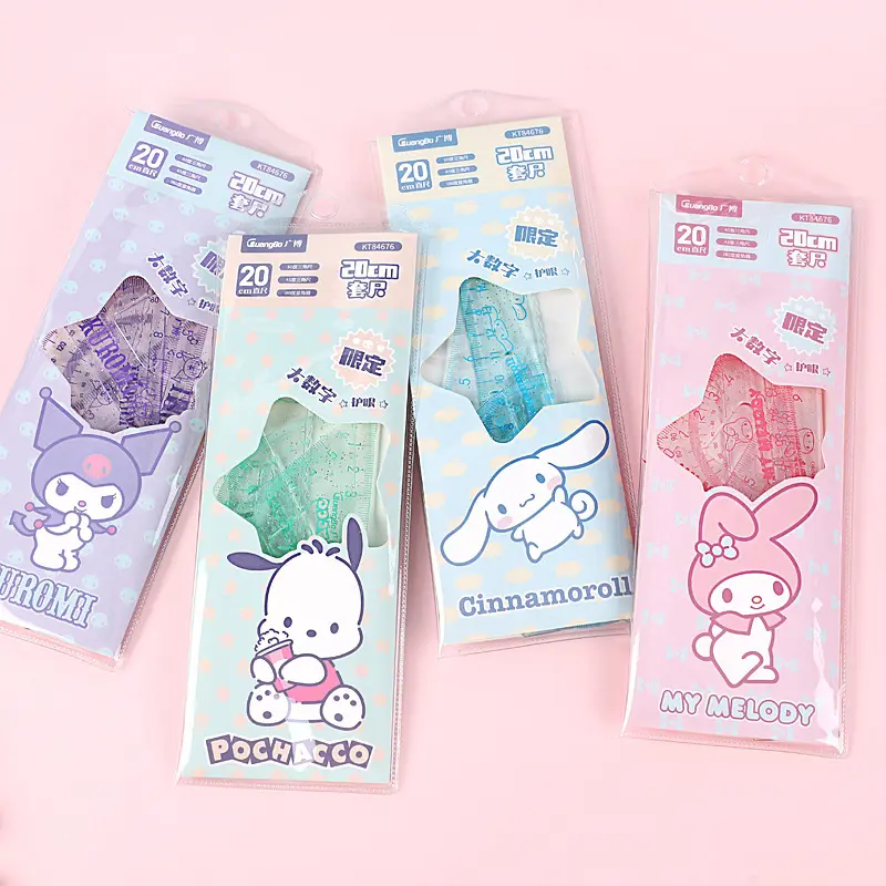 Yubon Kawaii KT Cat Kuromi Pachacco Cinnamoroll Cartoon Drawing Measuring Ruler Set Stationery Cute Student Drawing Ruler