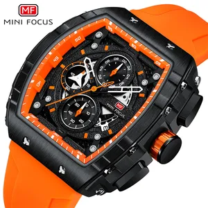 MINI FOCUS Chronograph Quartz Watch for Men Tonneau Dial Sport Wristwatch with Orange Silicone Strap Auto Date MF0399G