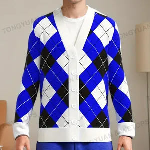 BSCI Clothes Manufacturer Sigma Design 1914 Royal Blue Pure White V-Neck Knitted Winter Plaid Greek Fraternities Pattern Sweater