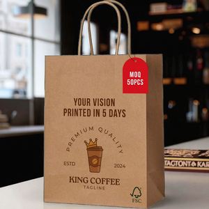 Sac en papier kraft brun jetable personnalisé avec poignée pour emballage alimentaire à emporter, impression couleur, logo personnalisé, emballé en carton, vente en gros - Product Image 1