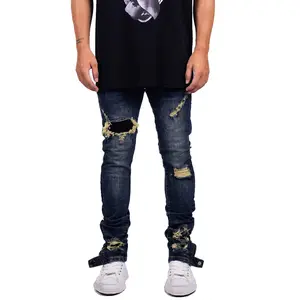 Gingtto Custom Jeans Fabrikanten Mannen Slim Fit Blauw Gescheurde Jeans Rits Gestapelde Jeans Heren