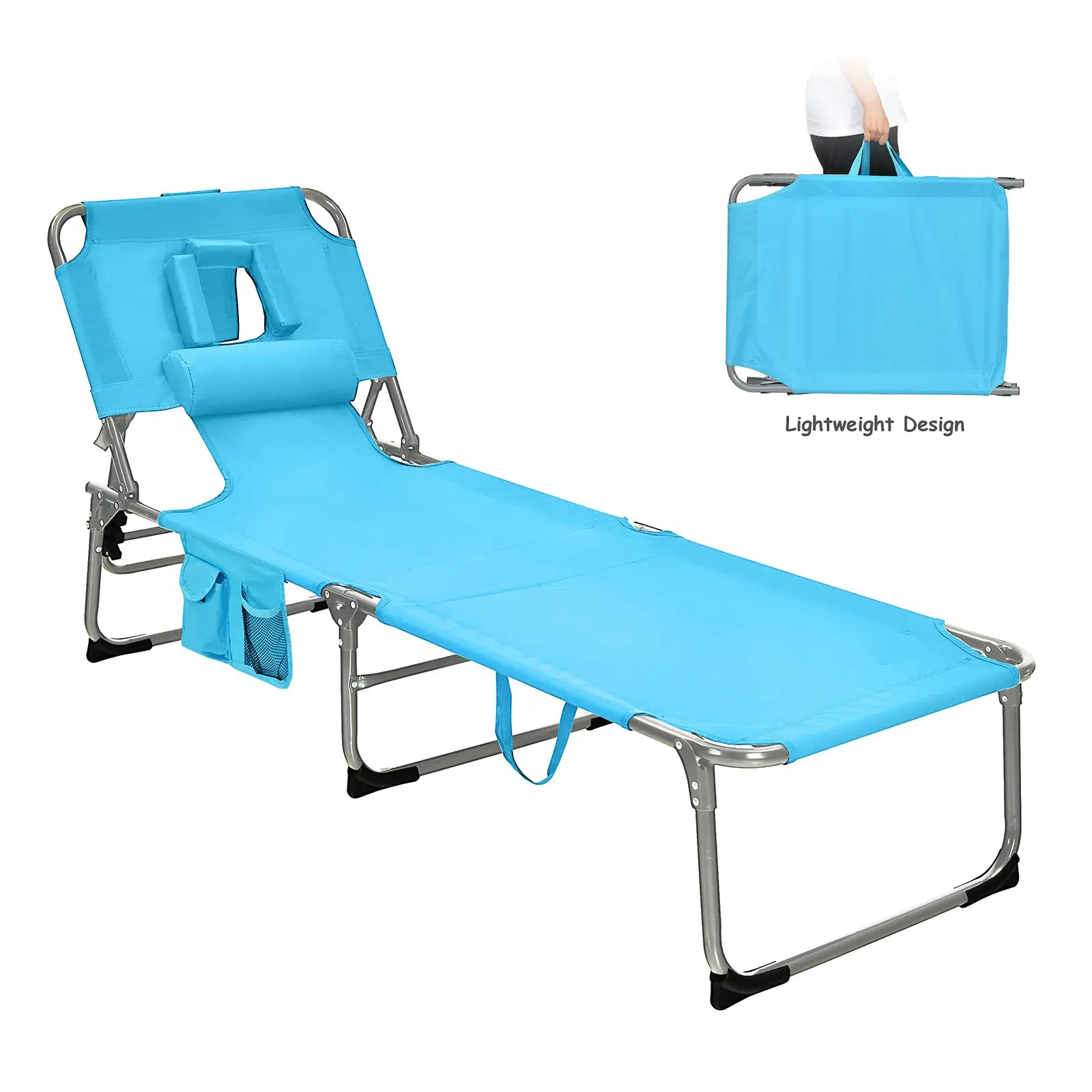 Outdoor Pool Adjustable 5 Positions Backrest Folding Tanning Chair Sun Lounge Removable Pillow Beach Chairs With Face Arm Hole