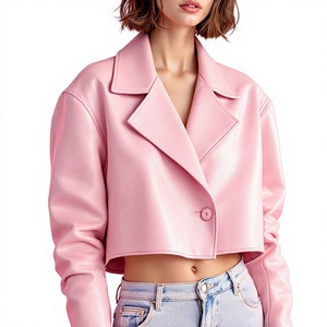 Pink <b>Women's</b> Faux <b>Leather</b> Motorcycle <b>Jacket</b> Turn Down Collar Button Closure Short Crop <b>Women's</b> High Quality Genuine <b>Leather</b> <b>Moto</b> - Product Image 3