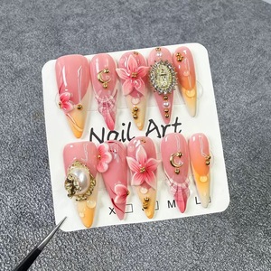 251-255 <span class=keywords><strong>Uñas</strong></span> Postizas Hechas a Mano, Diseño Floral 3D de Flores de Verano, Estilo Francés, Media Cobertura, <span class=keywords><strong>Uñas</strong></span> de Presión - Product Image 4