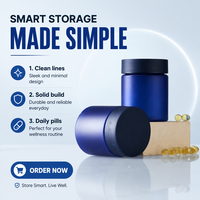 Pot de stockage en plastique bleu mat en gros, 120 ml, 150 ml, à large ouverture, avec couvercle sécurité enfant, vide, pour herbes, poudres et cosmétiques