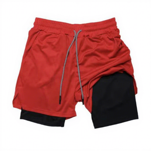 Pantalones Cortos Deportivos para Hombre, Color Rojo y Negro, Estilo Cargo, Casual, con Bordado Cruzado, Patrón de Letras en Malla, Secado Rápido, con Cordón Ajustable, 100% Poliéster, OEM - Product Image 1