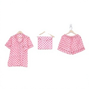 Women's Pink Geometric Printed Cotton Pajama Set Short Sleeve V-neck Casual Sleepwear Summer Style Breathable Soft Drawstring - Product Image 1