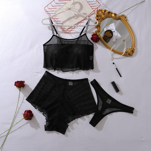 Conjunto de Lencería Sexy y Erótica de Malla Transparente Plateada Brillante con Tirantes, Sujetador y Bragas de Color Sólido con Shorts - Product Image 6