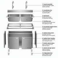Évier double pour cantine et cafétéria, unité de lavage en acier inoxydable avec compartiment de rangement, pare-éclaboussures et deux robinets
