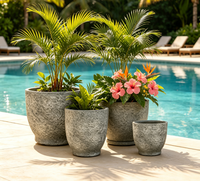 Lot de 4 pots de fleurs gris clair texturés effet roche, robustes, mats, en GRC, pour décoration intérieure et extérieure