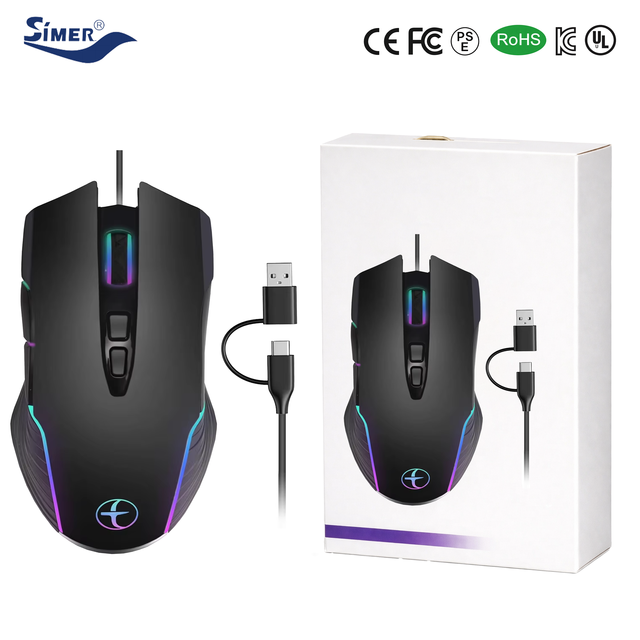 Dual USB-C/USB-A Interface Optical Sensor Ergonomic Wired Gaming Mouse 7 Buttons 7200 Dpi RGB Backlit in Stock
