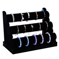 Présentoir à bijoux en flanelle pour bracelets, colliers et montres, support de haute qualité à 3 niveaux en métal, bois et velours pour bracelets