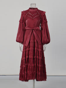 Nuovo Abito Rosso 2026 Sexy con Drappeggio e Diamanti, a Maniche Lunghe, Aderente e Fasciante in Vita, con Paillettes, per Occasioni Formali - Product Image 2