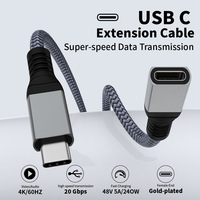 Cable Extensor USB-C de Ángulo Recto, USB 3.2, Velocidad de Transferencia de 20 Gbps, Salida de Video 4K a 60 Hz, Interfaz USB-C Hembra, Carga Rápida de 240 W y 5 A