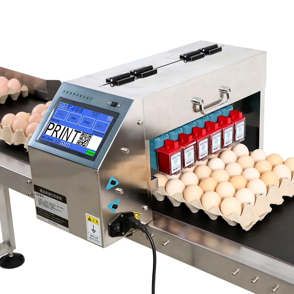 2024 Automatische Eiercodeermachine Met Zes Mondstukken Nieuwe Plc Eetbare Certificering Grafische Datum Inkt Eierbak Massaproductie