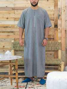 เสื้อโทบผ้าฝ้ายสีเทาสำหรับผู้ชาย แขนสั้น ปักลาย คอกลม ทรงหลวม ความยาวระดับข้อเท้า สวมใส่สบายๆ ทุกวัน สไตล์ตะวันออกกลาง - Product Image 1