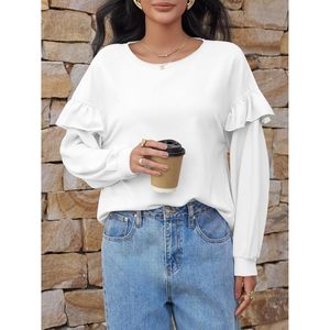 Fisoew Sweat-shirt à col rond pour femme, manches longues, volants, coupe ample, pull court, tenue décontractée d'automne - Product Image 3