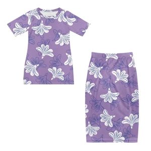 Ensemble deux pièces élégant pour femme, imprimé numérique floral, manches courtes, col rond, coupe ajustée, taille naturelle, respirant - Product Image 3