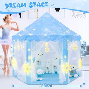 Tente de jeu d'intérieur pour enfants, château de princesse, maison de jeu bleue, tente de princesse Frozen, grandes lumières en forme de flocon de neige pour filles de 4 à 7 ans - Product Image 4