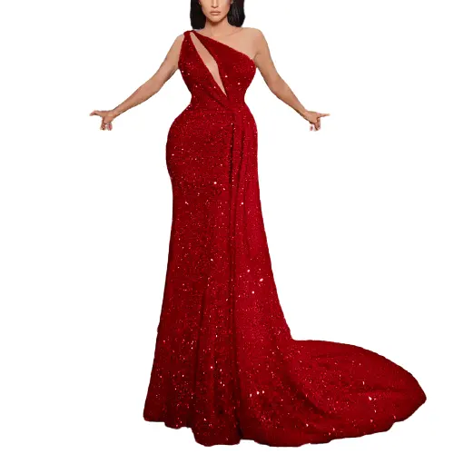 2021 Sequined Slim Red Evening Prom Dress Fashion One Shoulder Hollow Out Elegant Cocktail Wedding Party