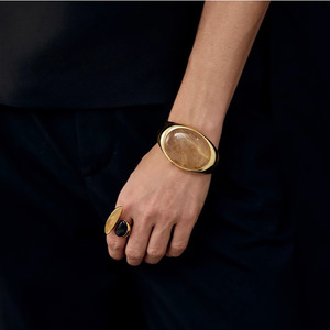 Bold Quá Khổ Đồng Bằng Vàng Bạc Mạ Rộng Mở Cuff Vòng Đeo Tay Lớn Tối Giản Tự Nhiên Khói Thạch Anh Đá <span class=keywords><strong>Bangle</strong></span> Cho Phụ Nữ - Product Image 3