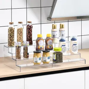 4 Tier Expandable Plastic Spice Rack Adjustable Length four Tiers for Easy Visibility Organizer for Kitchen Cabinet