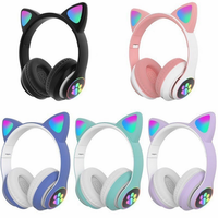 Headphone Nirkabel RGB Universal Lucu HiFi STN28 dengan Telinga Kucing, Headset Gaming Stereo Musik Menyala dengan Mikrofon