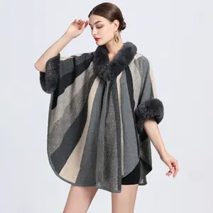 European Fashion Winter Faux Rex Rabbit Fur Collar Jacquard Capes Shawls Women Loose Cardigan Pashmina Coat Woolen Ponchos