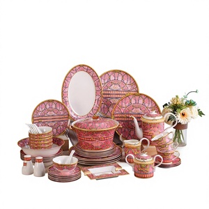 Palace Pink Luxury Royal Gold Inlay Bone China Dinnerware Sets <b>Gift</b> <b>Box</b> Europe Promotional 58 Pcs Custom Logo Party Kit - Product Image 1