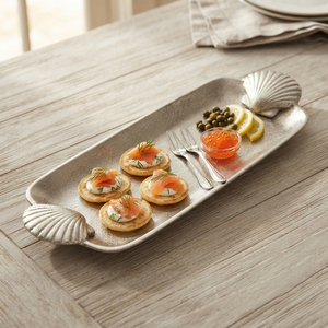 Plateau de service rectangulaire moderne en métal avec poignées en forme de coquille – Vaisselle élégante pour restaurants et hôtels - Product Image 1