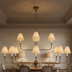 Lámpara de araña de latón dorado con pantallas de tela, LED E27, luz blanca cálida suave de 2700K para sala de estar, lámpara de techo montada - Product Image 3