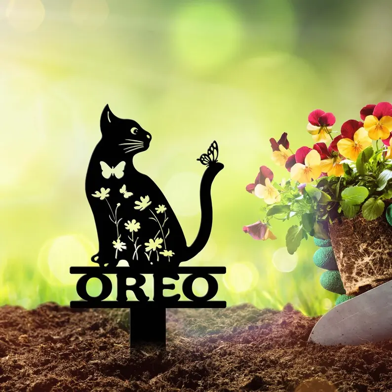 Decoración personalizada para jardín, arte de gato, mariposa, gato, regalo para amantes, jardín de primavera, decoración al aire libre