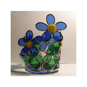 כחול פרח מוכתם גלאס אמנות פמוט בעבודת יד מוכתם זכוכית נר צנצנת לקישוט מרקם זכוכית פנס
