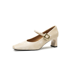 Satin Mary Jane Shoes Square Toe <b>Block</b> Heel Buckle Strap Med Heel All Seasons Women's Pumps High Heeled Shoes - Product Image 5