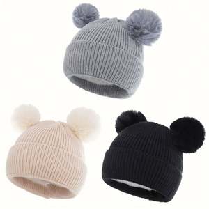 Gorro de Punto Cálido para Niños con 2 Pompones, Gorro de Invierno para Niños y Bebés, Bordado 3D, Uso Comercial - Product Image 1