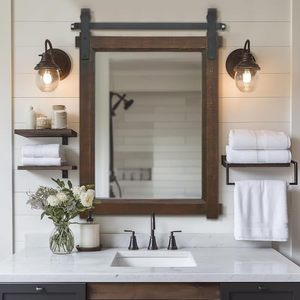 <span class=keywords><strong>Miroir</strong></span> de salle de bain moderne en <span class=keywords><strong>bois</strong></span>, <span class=keywords><strong>miroir</strong></span> de coiffeuse avec cadre en <span class=keywords><strong>bois</strong></span> massif de style <span class=keywords><strong>porte</strong></span> de grange, avec éclairage LED, écologique - Product Image 1