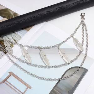 Cadena de cintura metálica de tres capas con colgante de pluma Yueli, plata tibetana blanca K, unisex, estilo hip hop urbano, informal, de múltiples vueltas - Product Image 2
