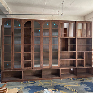 Librería de Madera de Nogal Negro para Sala de Estar, Integrada en Toda la Pared, con Asiento de Cartón, Sofá Detrás de la Librería con Puerta - Product Image 3