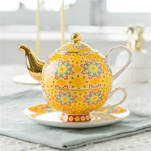 家用下午茶金色手柄边缘茶叶一套/黄色全贴花设计瓷骨瓷茶具一套