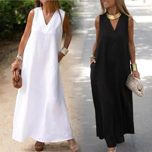 <span class=keywords><strong>Abbigliamento</strong></span> da <span class=keywords><strong>donna</strong></span> abiti eleganti da <span class=keywords><strong>donna</strong></span> in <span class=keywords><strong>lino</strong></span> di cotone senza maniche tinta unita ampio scollo a V abito Casual - Product Image 1