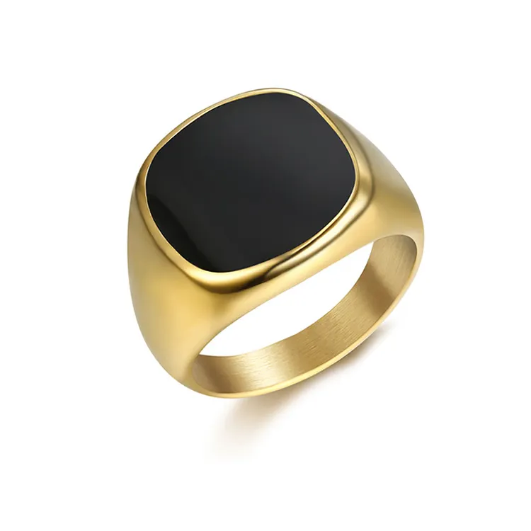 Anillo high quality fashion jewelry men black enamel finger ring custom gold plated stainless steel signet ring