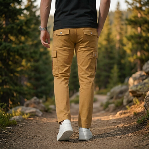 Pantalon cargo pour homme, couleur unie, beige, coupe slim, avec poches, fermeture éclair, taille moyenne, toutes saisons, vêtements d'extérieur - Product Image 4