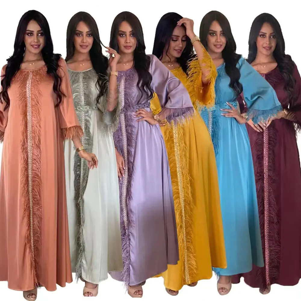 जम्मू एंड एच 2022 नई आगमन गिरावट डिजाइन स्फटिक पंख फ्रिंज क़फ़तान marocain साटन रेशम मैक्सी पोशाक abaya महिलाओं मुस्लिम पोशाक