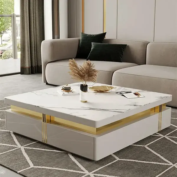 Table basse de luxe d'acier inoxydable d'or de salon table centrale blanche de miroir Table d'appoint carrée pour l'hôtel à la maison