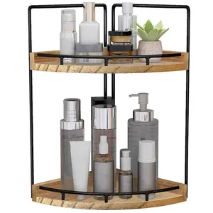 Rak penyimpanan sudut kayu 2 tingkat, rak kosmetik Vanity Tray dapur bumbu kamar mandi Counter Organizer