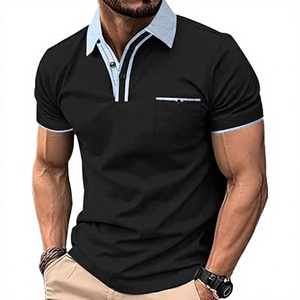 Camisas de Golf de Manga Corta de Algodón Negro para Hombre, Cuello Azul Claro, Logotipo Frontal, Bolsillo, Tejido Casual, Color Sólido, Transpirable, 160g - Product Image 4