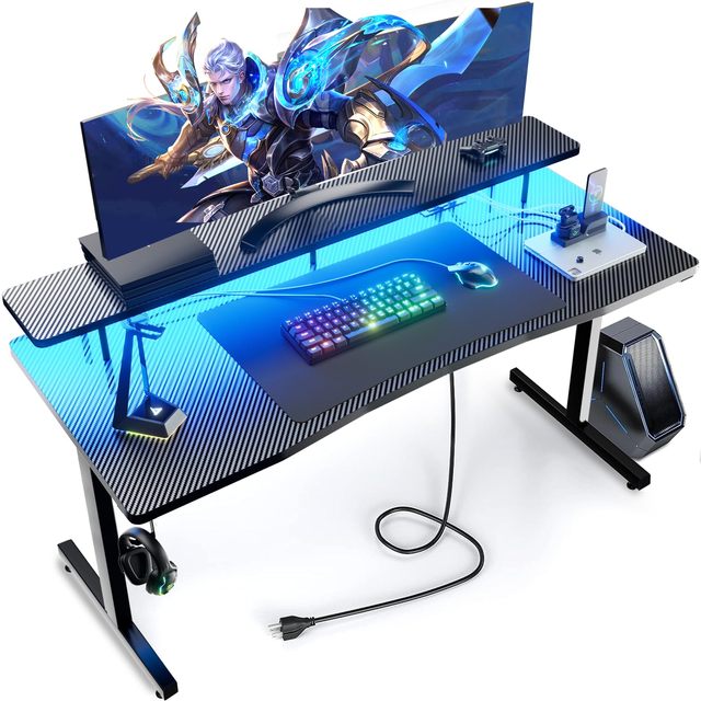 Computer Gaming Desk with LED Lights Ergonomic Carbon Fiber Surface Gaming Table with Mouse Pad for Home Office
